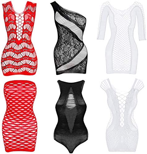 6 Pieces Women Mesh Lingerie Fishnet Babydoll Mini Dress Mesh Bodysuit Sleepwear