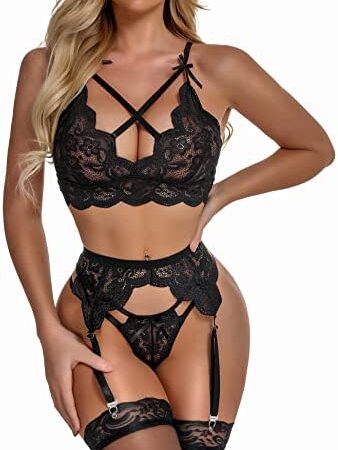 EVELIFE Women's Sexy Lingerie Set with Garter Belt Lace Bra and Panties Set High Waisted Suspenders Lingerie NO Stockings