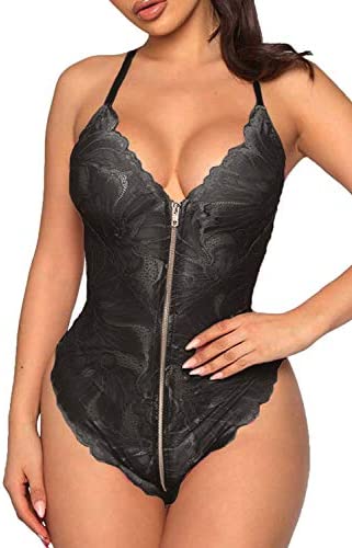 EVELIFE Women Sexy V Neck Lingerie Floral Lace Bodysuit One Piece Teddy Lingerie Zip Up Underwear