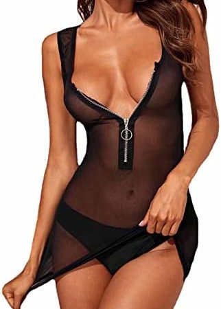 AMhomely Erotic Outfits Womens 2 Piece Zip Up Sheer Mini NIghtdress and Knicker Sets Deep V Neck Lingerie Mesh Leotard Clubwear Bodycon Mini Skirts Thongs G String Bedroom Naughty Costumes