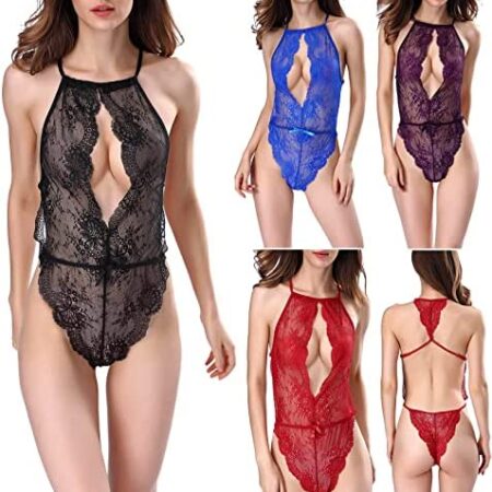AMhomely Womens Naughty Bodysuit Lingerie Lace Cutout Design One Piece Leotard Deep V Neck Sexy Lingerie Female Halter See Through Mesh Jumpsuit Sale Clearance Underwear Sleepwear