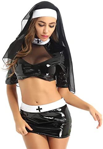 FEESHOW Womens Naughty Halloween Nun Cosplay Lingeries Outfit Sexy Wet Look Faux Leather Costumes