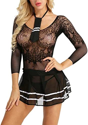 ROSVAJFY Sexy Cosplay Costume Fishnet Lingerie for Women Naughty Navy Babydoll Sailor Fancy Dress French Maid Outfit Crop Top Tie Shirt Pleated Mini Skirt Panty Thong for Halloween Carnival