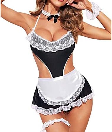 ROSVAJFY Sexy Maid Costume for Women Naughty Lace French Cosplay Babydoll Uniform Outfit Sheer Bodysuit Fancy Dress Servant Anime Lingerie Set with Apron for Halloween Party White Red