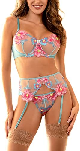 comeondear Women Sexy Lingerie Set with Garter Belt 3 Piece Bra and Panties Set High Waisted Suspenders Set Lace Bodysuit