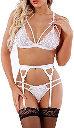 heekpek Bra and Panties Set with Garter Belt 4 Pieces Lingerie Lace Babydoll Strappy Lingerie Set with Suspenders and Stockings