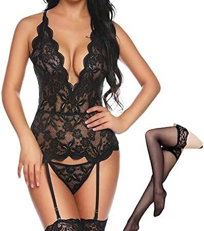CheChury Women Sexy Lingerie Bodysuit Lace Bodysuit Teddy Strap Lingerie Nightwear with Suspenders Belts Lingerie Set with Garter Belt (with Stockings)