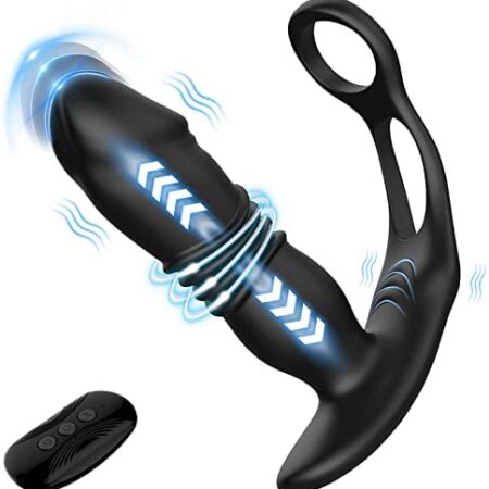 Thrusting Prostate Massager Anal Vibrator Toys with Dual Penis Rings Butt Plug Buttplugs Toy Vibrators with 12 Vibrations & 3 Thrusts Male Mens Adult Sex Toys Toys4mens UK for Men Women & Couples