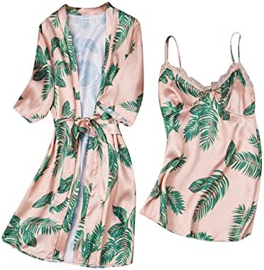 AMhomely Satin Nightdress and Gown Set for Women Pyjama Sets 2 Piece Camis Nightdresses Robe Suits Satin Floral Kimono Short Dressing Gown Wedding Negligee Nightdress
