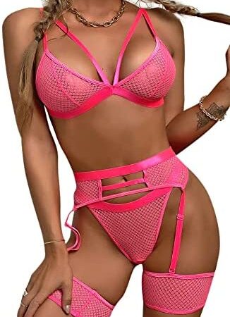 Aranmei Sexy Lingerie Set for Women 4 Piece Lingerie with Garter Belt and Suspender Strappy Mesh Bra and Panties Sets High Waisted Lace Underwear Babydoll Teddy Lingerie Set