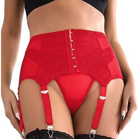 Ladies Red Lace Lingerie Suspender Belt Garter Plus Size Women Set with 6 Adjustable Straps and Thong Bundle (20-22)