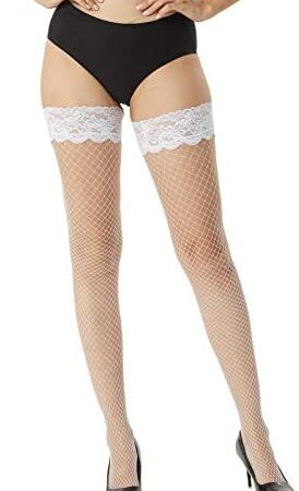 MANZI Fishnet Hold Up Stockings - Women Lace Net Stockings Lingerie Thigh High Stockings,Black,M
