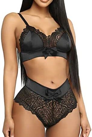 ROSVAJFY Sexy Lingerie Set for Women,2 Piece See-Through Lace Nightwear, Push Up Sling Bra Panties, Bowknot Intimate Outfit Underwear Strappy Nightie for Halloween Christmas Party Black Red Orange