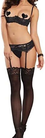 ROSVAJFY Sexy Lingerie for Women Naughty Garter Belt Suspenders Thigh High Stockings 4 Pieces Lace Teddy Babydoll Outfits,Half-Cup Bra Panty Thong Nipple Covers,Sheer Nightwear Cosplay Costume(Black)