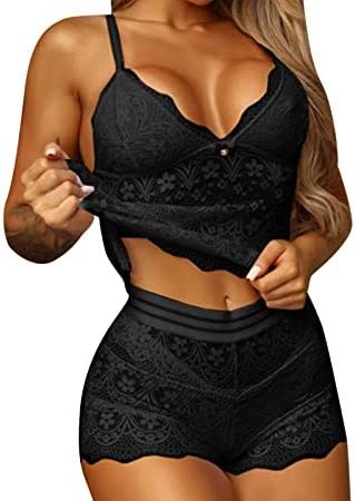 AMhomely UK Stock Sale Womens Bow Lace Solid Color Sexy Sling Pajama Set Sexy Lingerie Set Babydoll Sleepwear Nightwear Set Ladies Comfort Cotton Everyday Bra Gift for her Girls