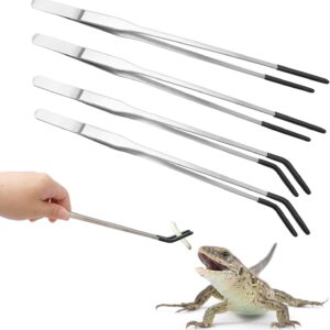 4 Pcs Extra Long Stainless Steel Reptile Feeding Tongs Rubber Tip Bearded Dragon Aquarium Straight and Curved Long Tweezers Terrarium Feeder Tool for Tank Pet Supplies(Silver, 10.5 Inch, 10.63 Inch)