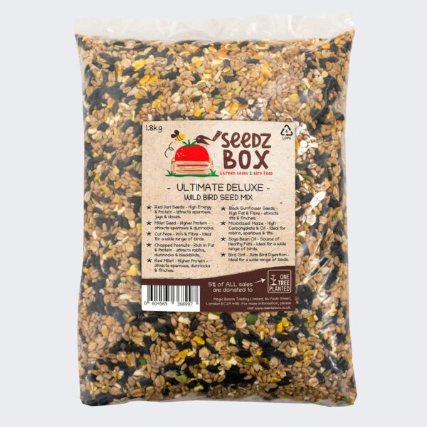 Bird Food Seed Feed Mix For Small Wild Garden Birds 1.8kg - SeedzBox Deluxe Grain & Nut Blend - Natural Food For Robins Blackbirds Sparrows - Millet Peanut Fats and Fibres