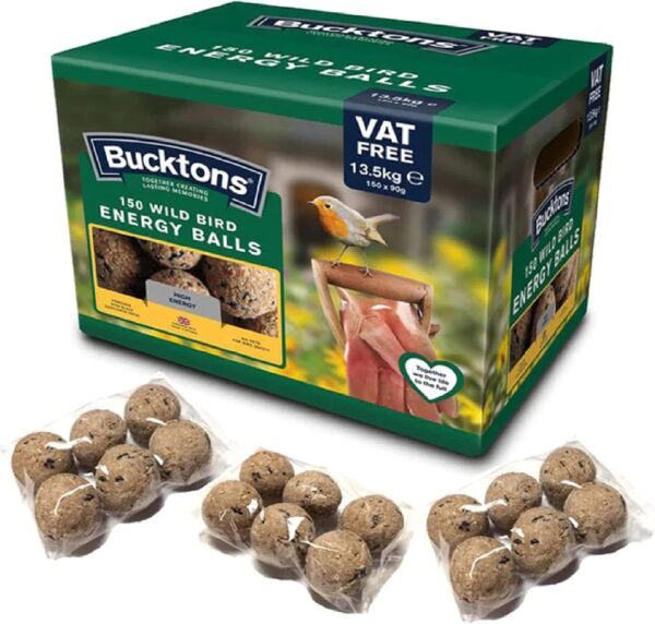 Bucktons High Energy Fat Balls - Box of 150 x 90g Boost Natural Suet Food for Wild Garden Birds. Great for Ground Feeder, Bird Tables. Comes with Topline Card.