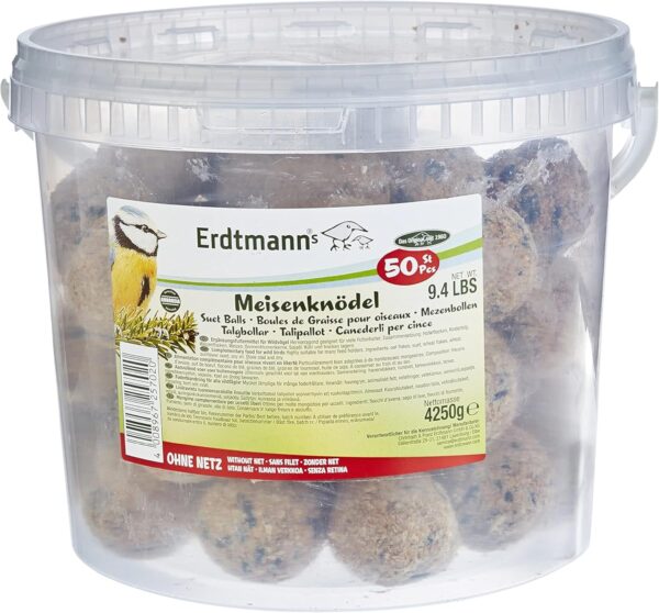 Erdtmann Fat Balls for Wild Birds - Pack of 50 Suet Balls - High-Energy Garden Treat for Wild Birds - Un-Netted, Perfect Consistency, Ideal for Year-Round Feeding and Easy Food Intake