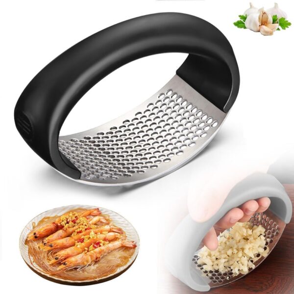 Garlic Press Rocker Stainless Steel Garlic Rocker, Stainless Steel Garlic Press, Cooking Device Garlic Cutter Rocker, Garlic Mill Kitchen Aid with Silicone Garlic Peeler (Black)