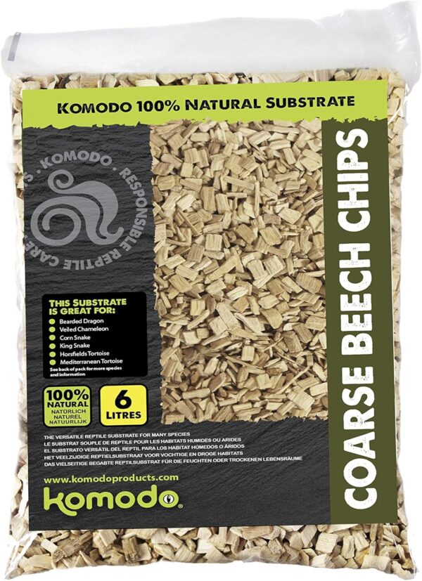 Komodo Coarse Beech Chips, Substrate for Reptiles, Natural Substrate, Reptile Substrate, Beech Chips, Coarse, 6 Litre, may vary