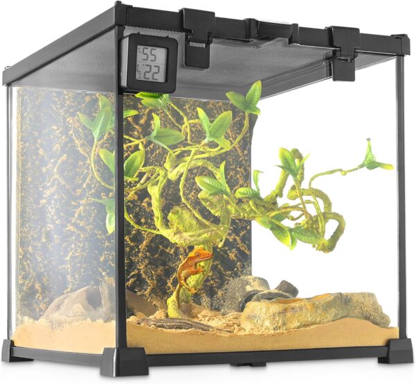 NEPTONION Mini Reptile Glass Terrarium Vivarium 12'' x 12'' x 12'' Full View Tank Small Amphibians Glass Habitat Cage with Feeding Slot & Box Lock Buckle