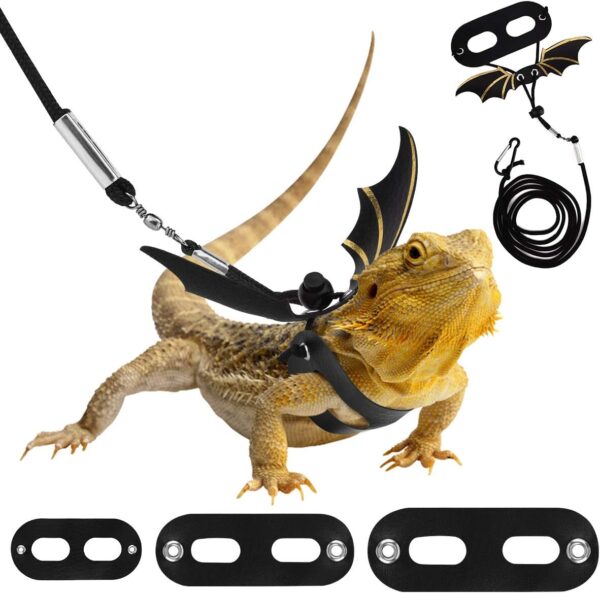 Pawaboo Adjustable Bearded Dragon Harness and Leash, 3 Size Leather Reptile Leash Outdoor Harness Leash with Bat Wings for Lizard Reptiles Amphibians Small Pet, Small/Medium/Large, Black+Gold