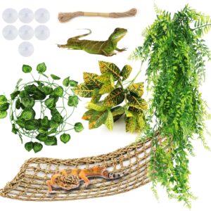 QUOZUO Bearded Dragon Hammock Reptile Hide decor, Leopard Gecko Tank Accessories Reptile Hammock with Jungle Climbing Vines Hanging Plants Artificial Leaves for Chameleon, Lizards, Gecko, Snakes