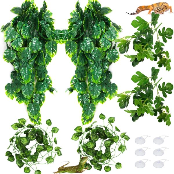 QUOZUO Reptile Hanging Plants Terrarium Fake Monstera Hanging Plants Vines Artificial Leaves Reptile Hide with Suction Cup, Leopard Gecko Tank Accessories for Bearded Dragon Lizard Snake