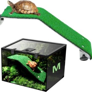 aleawol Turtle Ramp Turtle Ladder Turtle Basking Platform Suction Cup Reptile Platform Turtle Tank Platform Terrapin Dock with Artificial Lawns Aquarium Tank Decor for Sun Bathing Resting Play (M)