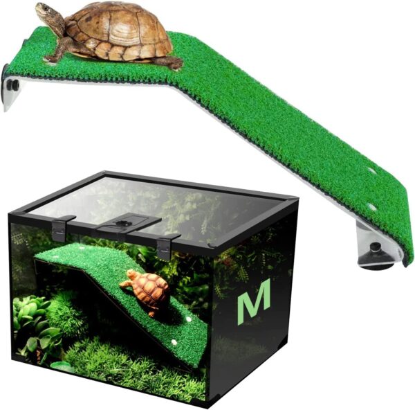 aleawol Turtle Ramp Turtle Ladder Turtle Basking Platform Suction Cup Reptile Platform Turtle Tank Platform Terrapin Dock with Artificial Lawns Aquarium Tank Decor for Sun Bathing Resting Play (M)