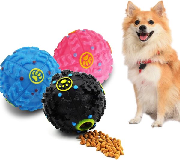 3 Pcs Dog Toys Ball with Sound, Dog Chew Toys Treat Dispenser for Puppy Small Dogs, Dog Treat Toy Puzzle Feeders for Molar, Teeth Cleaning, Boredom Relieving, IQ Training (S, Black, Blue & Pink)