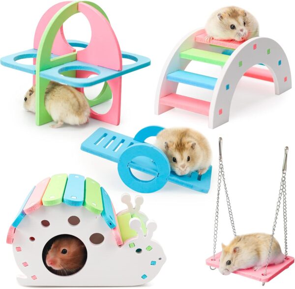 5 Pcs Hamster Toys Set Rainbow, DIY Hamster Hideout House Rainbow Bridge Swing and Seesaw, Pet Sport Exercise Toys Set Hamster Cage Accessories for Gerbil Mouse and Small Pets (S)