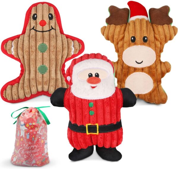 Dreamon Christmas Plush Interactive Dog Squeaky Toys Xmas Gift for Small Medium Large Pet included Ginger Man Reindeer Santa Claus, 3 Pcs Set