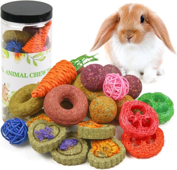 Episkey 22 Pcs Bunny Chew Toys,Natural Timothy Hay Chew Toy for Rabbits, Guinea Pigs, Gerbil, Hamster, Chinchilla Chew Toy for teeth Small Animals MolarTeeth Treats Toys (A)