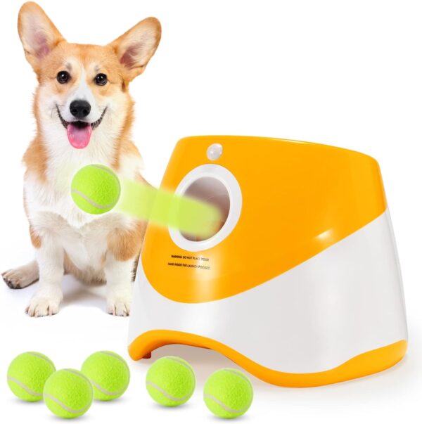 Grezea Automatic Dog Ball Launcher, Puppy Ball Thrower Machine with 10-30 Ft Launch Distance, Interactive Dog Toys for Small Dogs Indoor & Outdoor, Included 6 Mini Balls(Orange)