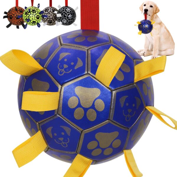 MCD Dog Football for Training Interactive Ball for Dogs, Dog Balls with Tags a Perfect Dog Boredom Toy, Durable Dog Ball Toy for Small Medium Breed for Tug Games Dog Soccer Ball with Grab Tab