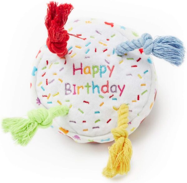 Pet London Dog Birthday Cake Squeaky Soft Plush Toy with Rope Candles in Fun Happy Bright Colours - Celebrate Your Dog's Happy Birthday - Plush Rainbow Pattern Dog Party Bday or Adoption Gift (Small)