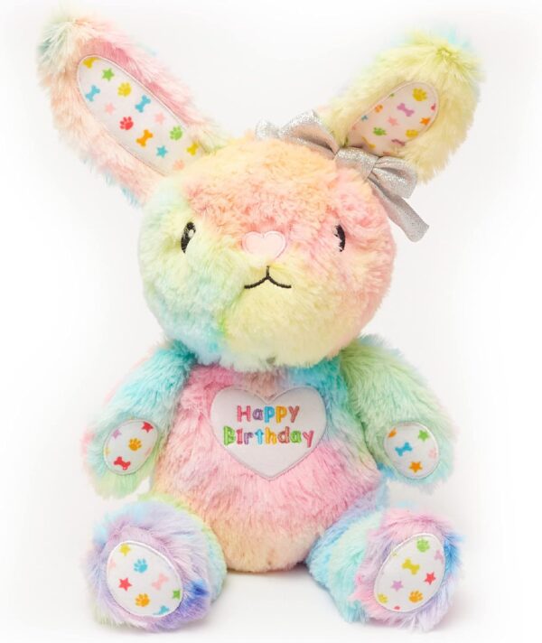 Pet London Happy Birthday Bunny Squeaky Dog Toy - Celebrate your dog’s Bday – Dogs Rainbow Plush Birthday Gift. Super Soft Toy Rabbit for Dogs, Cats, Puppy