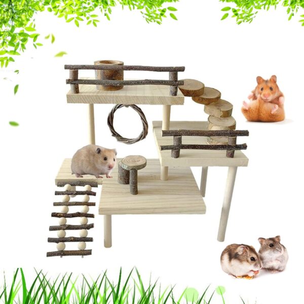 RoseFlower Wooden Hamster Platform for Cage, Hamster Playground Climbing Toy, Small Animals Pets Exercise Activity Set, Natural Living Climb System with Ladder Bridge for Gerbil Syrian Dwarf Hamster