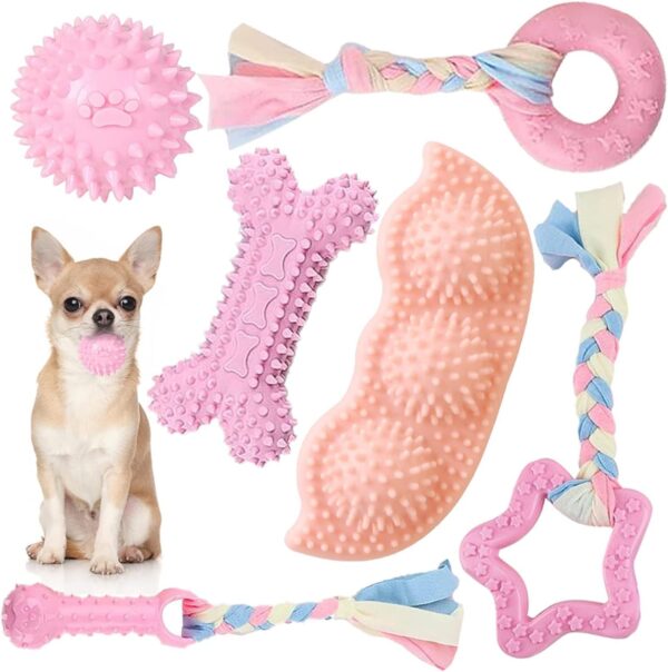 SKXEO Small Dog Chew Toys-6pcs Dog Puppies Teething Chewing Toy Set with Ball and colorful Ropes, Squeaky Interactive Pet Toys for Small Medium Dogs(Pink)