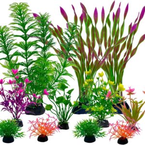 SDFNBRA 11 Pieces Colorful Artificial Fish Tank Decorations, Artificial Plastic Plants Aquarium Decorations Fish Tank Green and purple, Small to Large (4-8Inch)