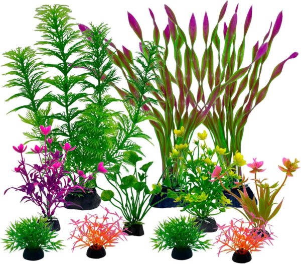 SDFNBRA 11 Pieces Colorful Artificial Fish Tank Decorations, Artificial Plastic Plants Aquarium Decorations Fish Tank Green and purple, Small to Large (4-8Inch)