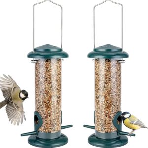 iBorn Metal Bird Feeders Hanging Bird Feeder For Small Birds for Garden Outdoors,Set of 2 Seed Feeder All Metal Painted Rust-resistant, Green