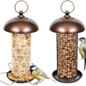 iBorn Metal Bird Feeders Hanging Peanut Mesh For Small Birds, Wild Birds Seed Feeder, Peanut Bird Feeder for Mix Seeds, Mini Seed Feed X1 & Nut Feeders X1, Copper Set of 2