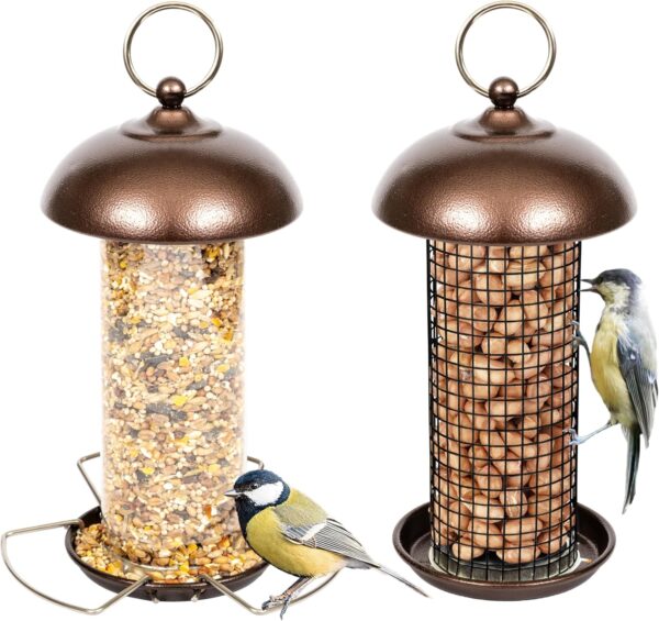 iBorn Metal Bird Feeders Hanging Peanut Mesh For Small Birds, Wild Birds Seed Feeder, Peanut Bird Feeder for Mix Seeds, Mini Seed Feed X1 & Nut Feeders X1, Copper Set of 2