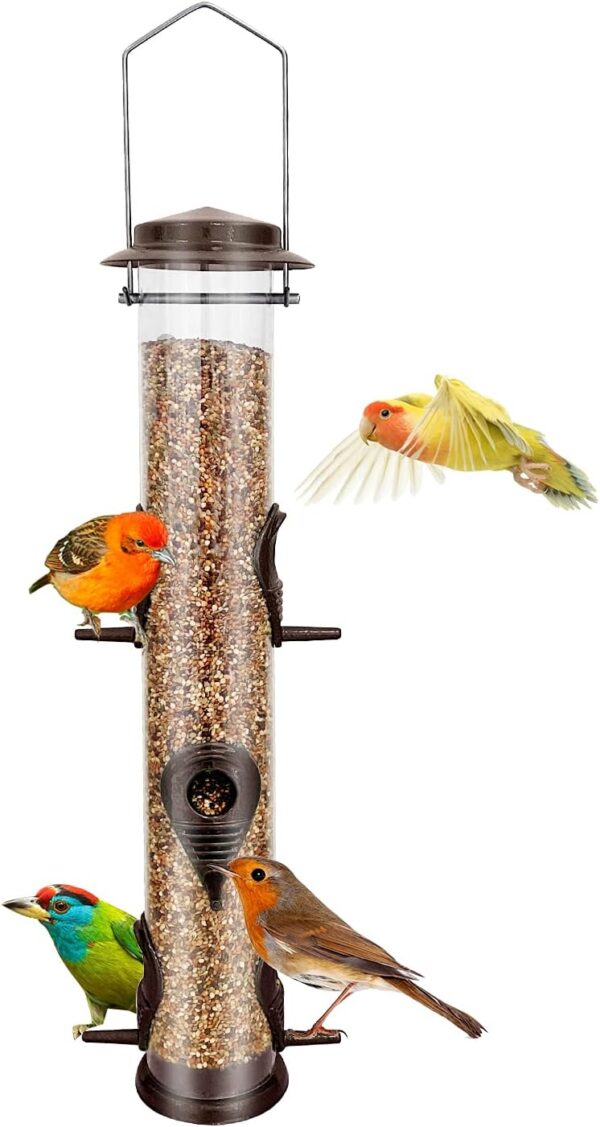 Urban Deco Metal Bird Feeder Tube Hanging Feeders Wild Bird Seed Feeder Heavy Duty Metal 6 Port Bird Feeders with Steel Hanger Weatherproof and Water Resistant Great for Attracting Birds (Coffee)