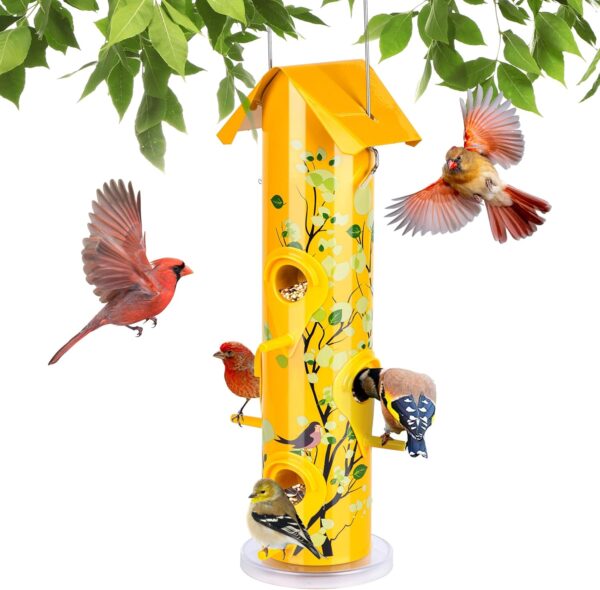 Kingsyard Tube Bird Feeders for Outdoors Hanging, 6-Ports Metal Bird Feeder, 14 inch, Durable & Weatherproof, Large Capacity for Attracting Wild Birds (Yellow)