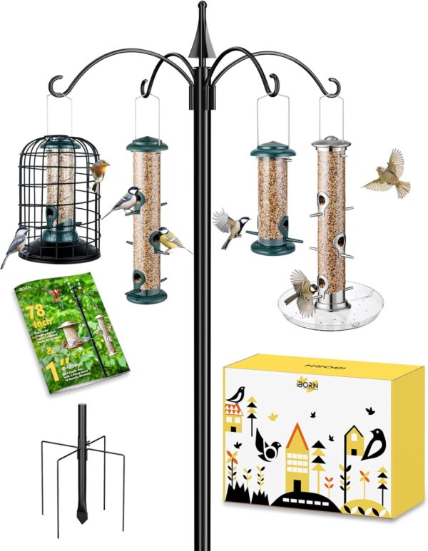 iBorn Bird Feeders Hanging Station 87Inch Wild Bird Feeding Station Stand Heavy Duty For Feeders Hanging, 1 Inch Thickness Pole, 4-Hooks,5-Prong Pole Stabilizer(Bird Feeders NOT Included)