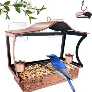 Window Bird Feeder, Metal Window Bird Feeder with Strong Suction Cups, Bird Feeders for Small Birds, Removable Tray with 2 Water Cups, Easy Clean and Fill